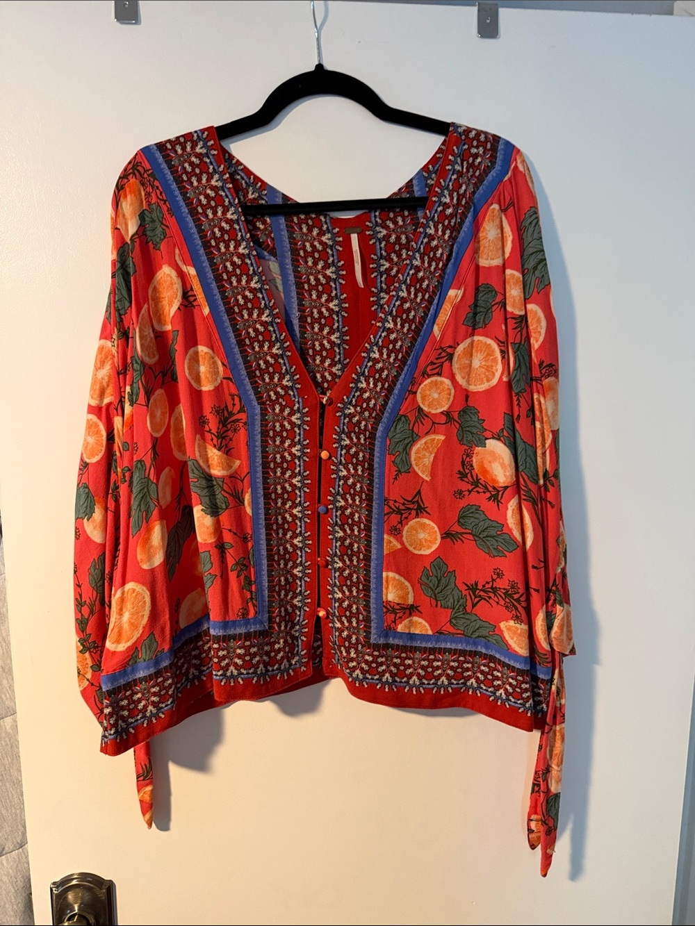 Free People Red Tunic with Orange Citrus Print and Blue Trim